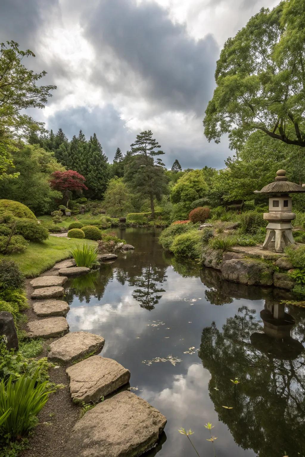 Reflective pond doubling the garden's beauty.