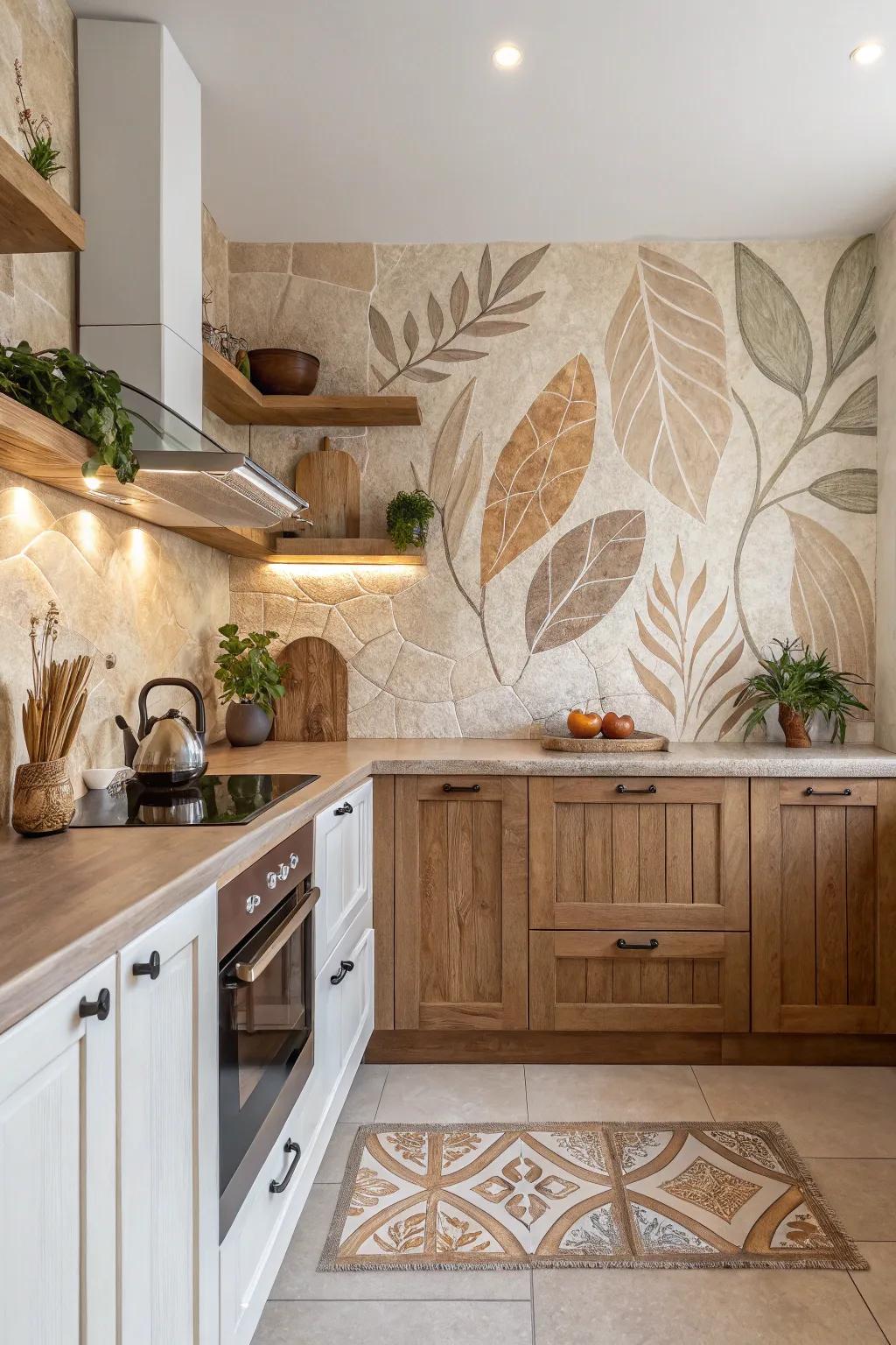 Create a serene space with a nature-inspired backsplash.