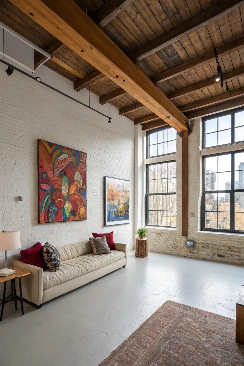 Bold art pieces add personality and focus to a loft.