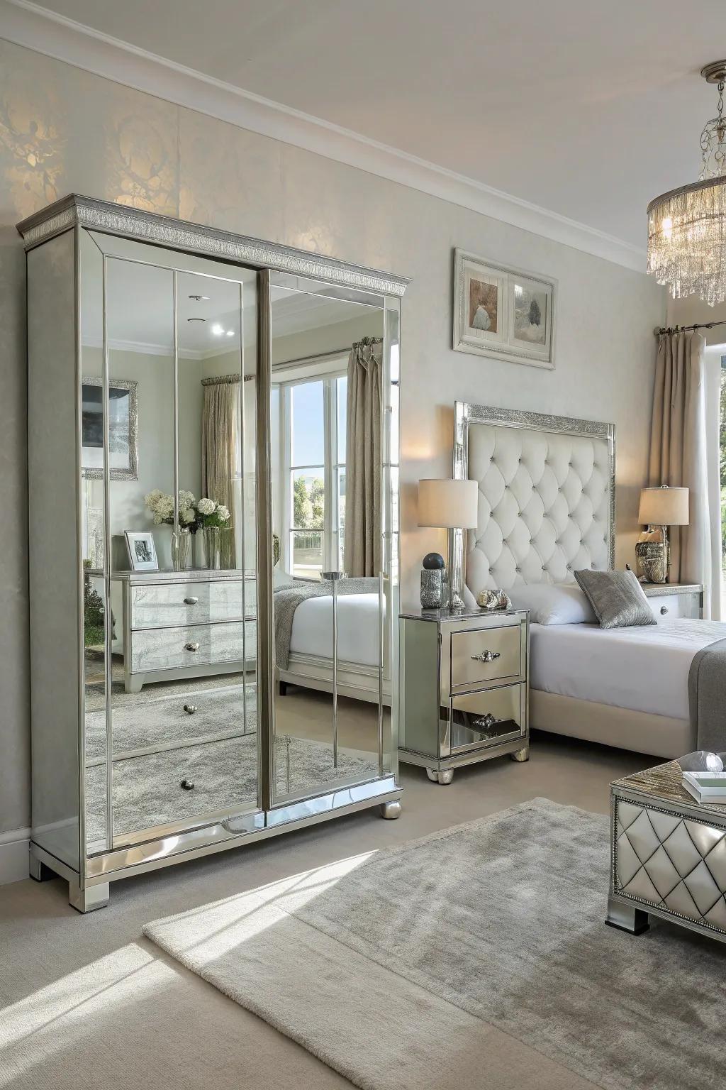Mirrored furniture in a bedroom, creating an illusion of space.