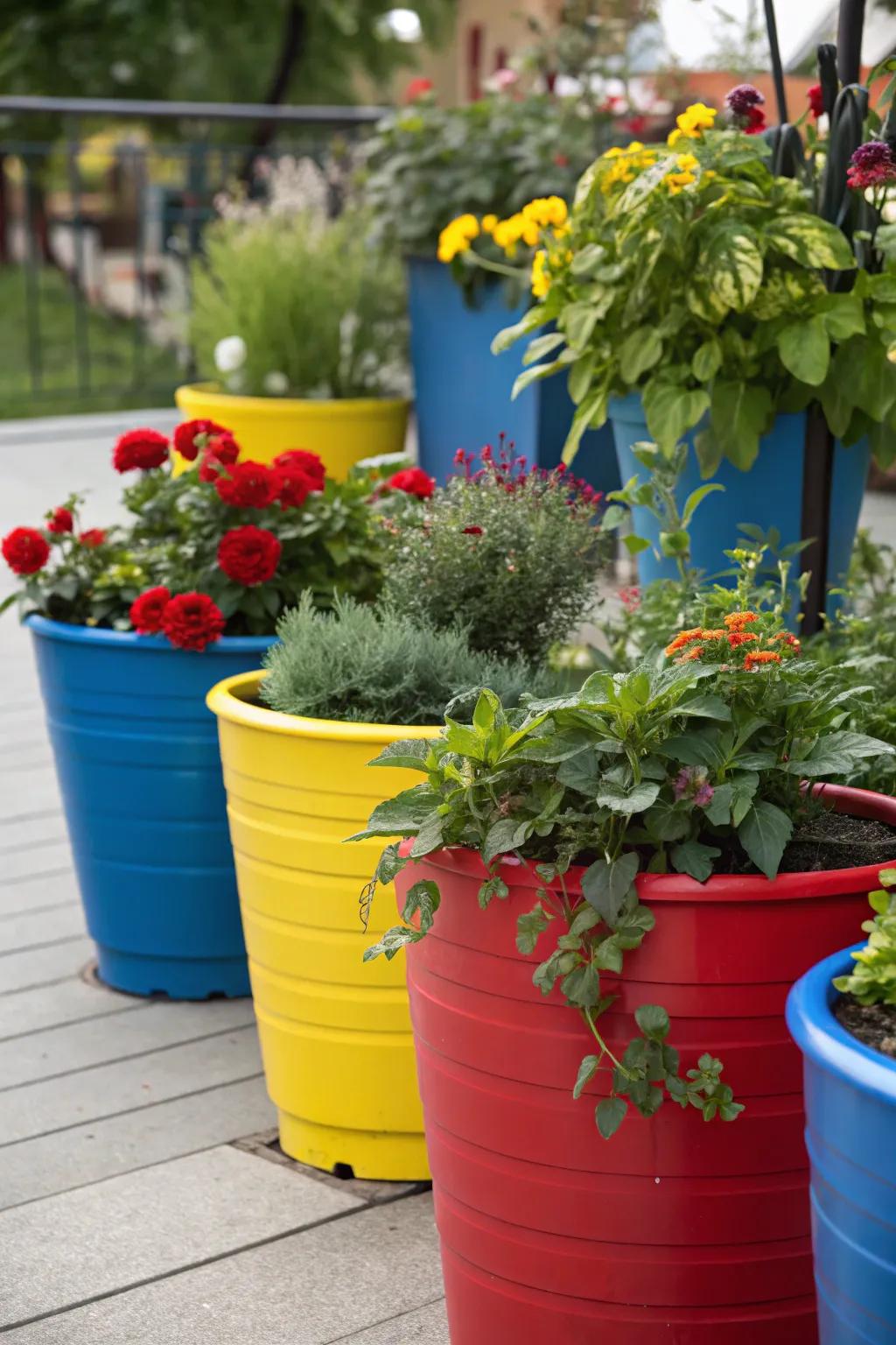 A collection of vibrant container gardens adding charm to a space.