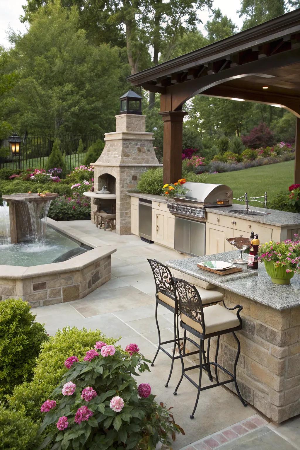 A small fountain adds tranquility and charm to this outdoor kitchen setting.