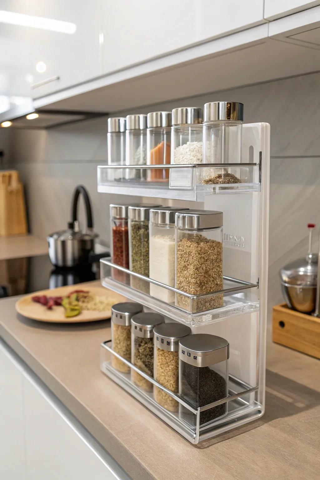 Acrylic racks provide a sleek and modern spice display.