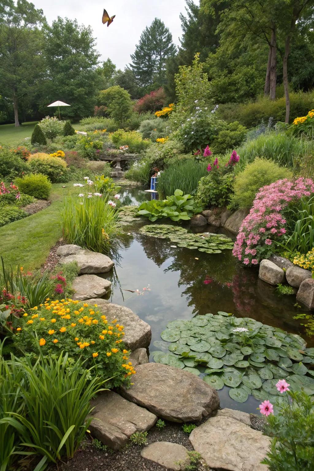 A wildlife-friendly garden with native plants invites birds and butterflies to visit.