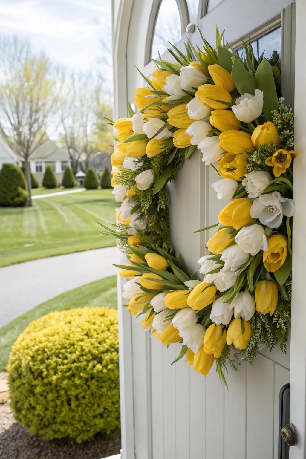 A tulip wreath that perfectly embodies the essence of spring.