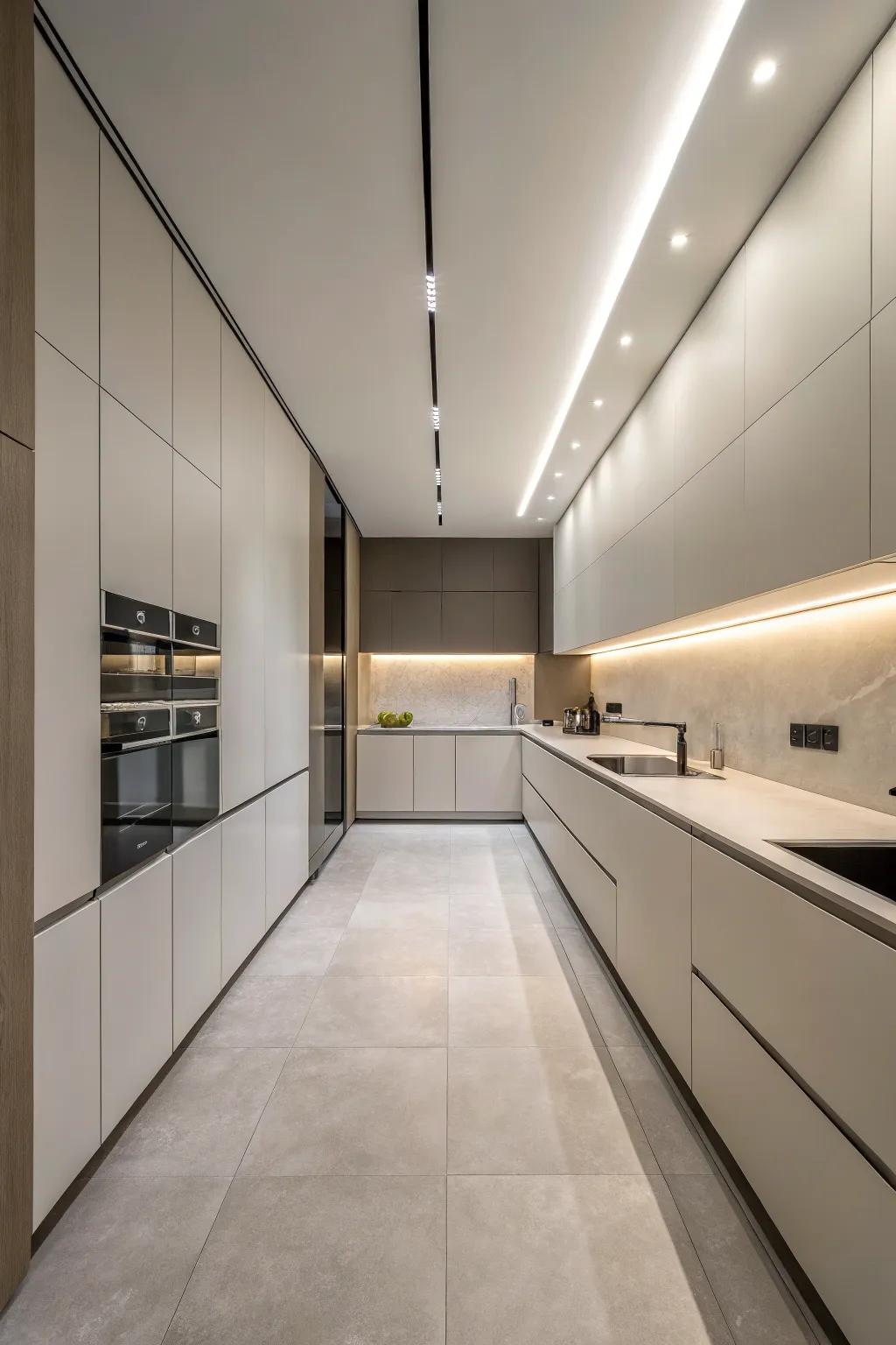 Sleek, handle-less cabinets emphasize the height and modernity of the kitchen.