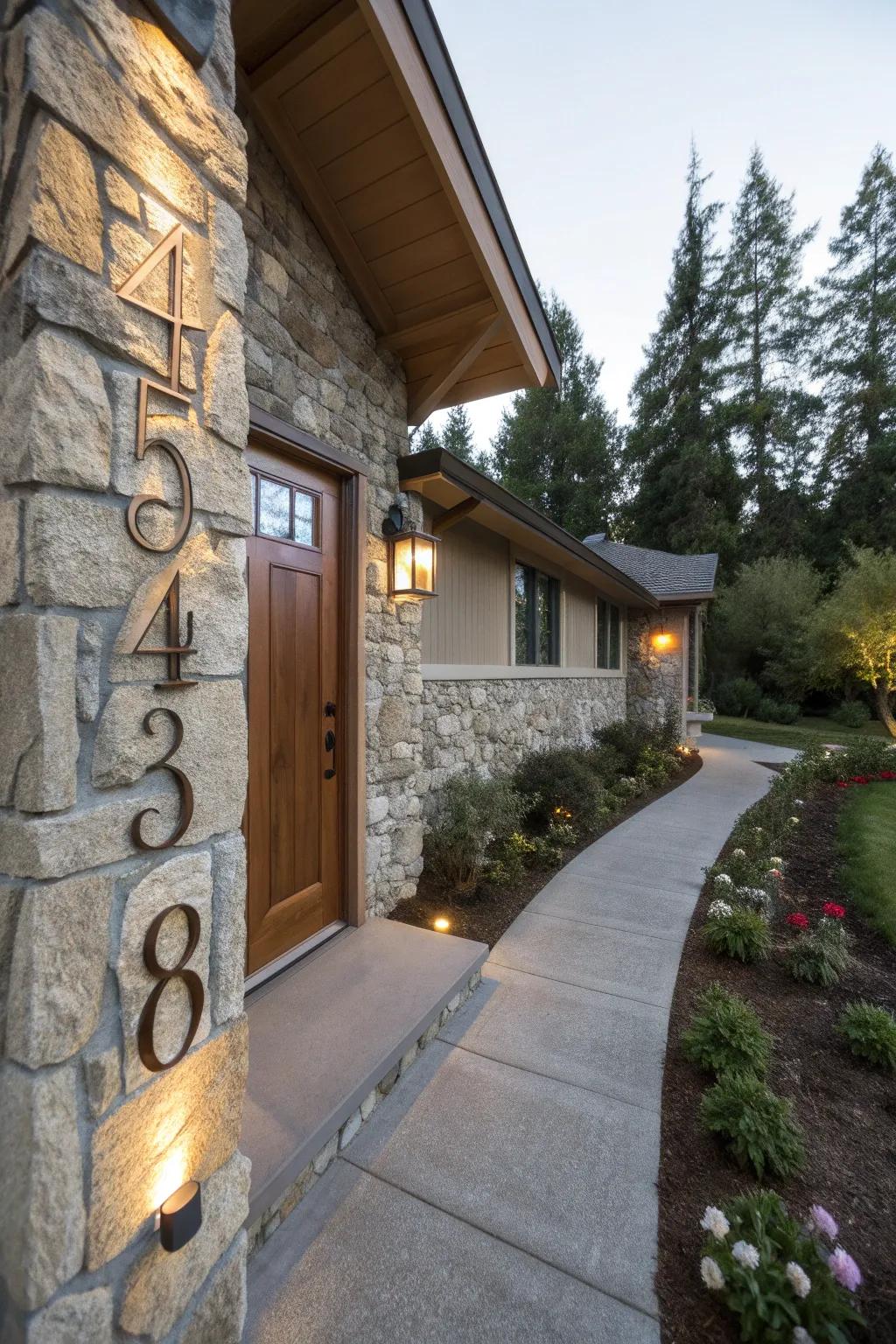 Stone house numbers offer a personalized detail.