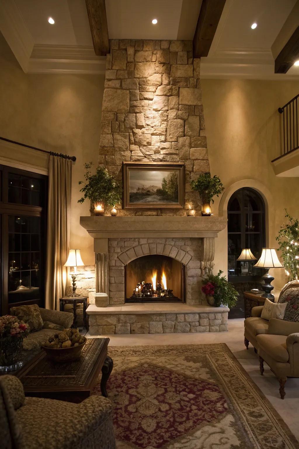 A dramatic space with a stone fireplace and unique lighting elements on the mantel.