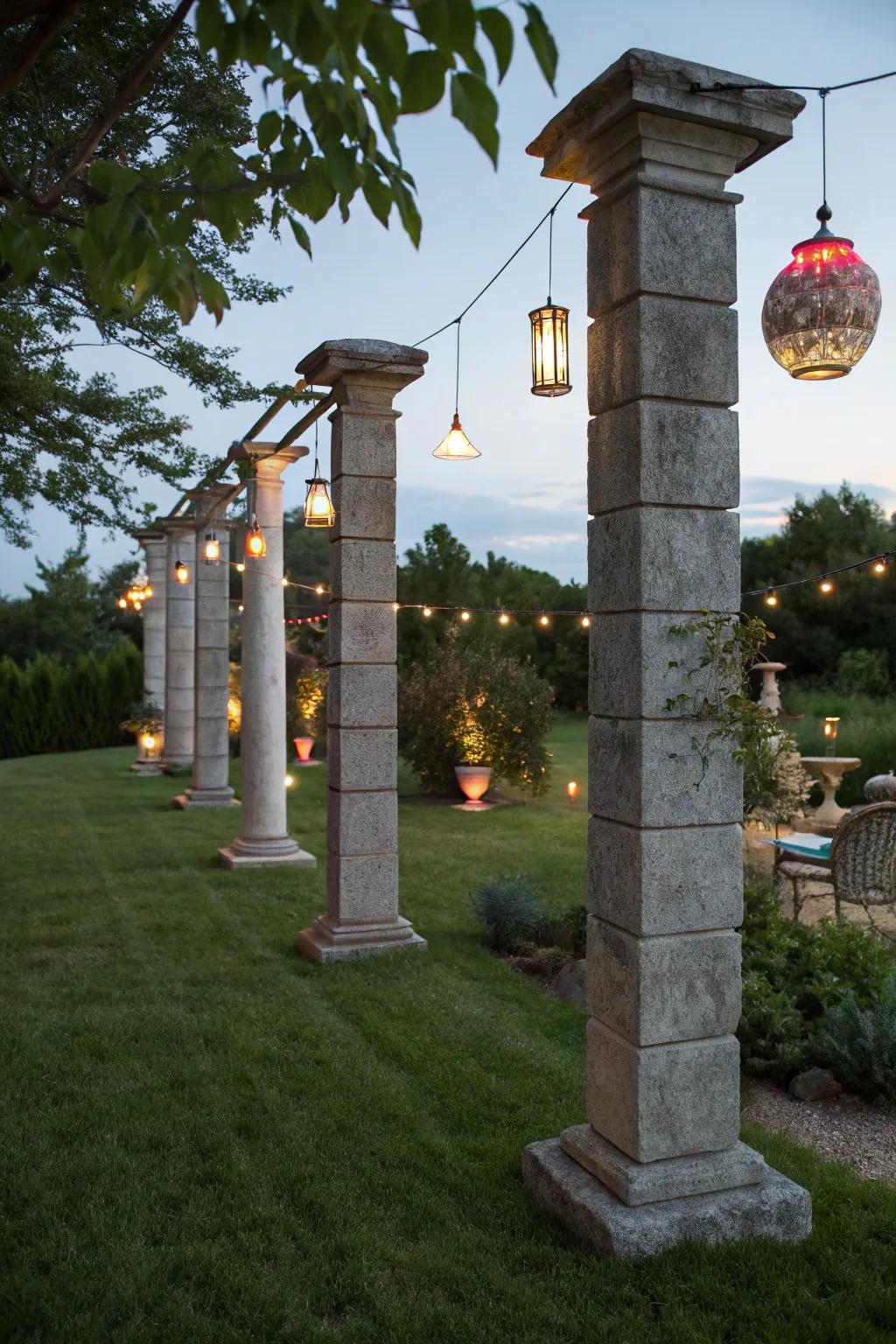 Mix styles with stone pillars and eclectic lighting combinations.