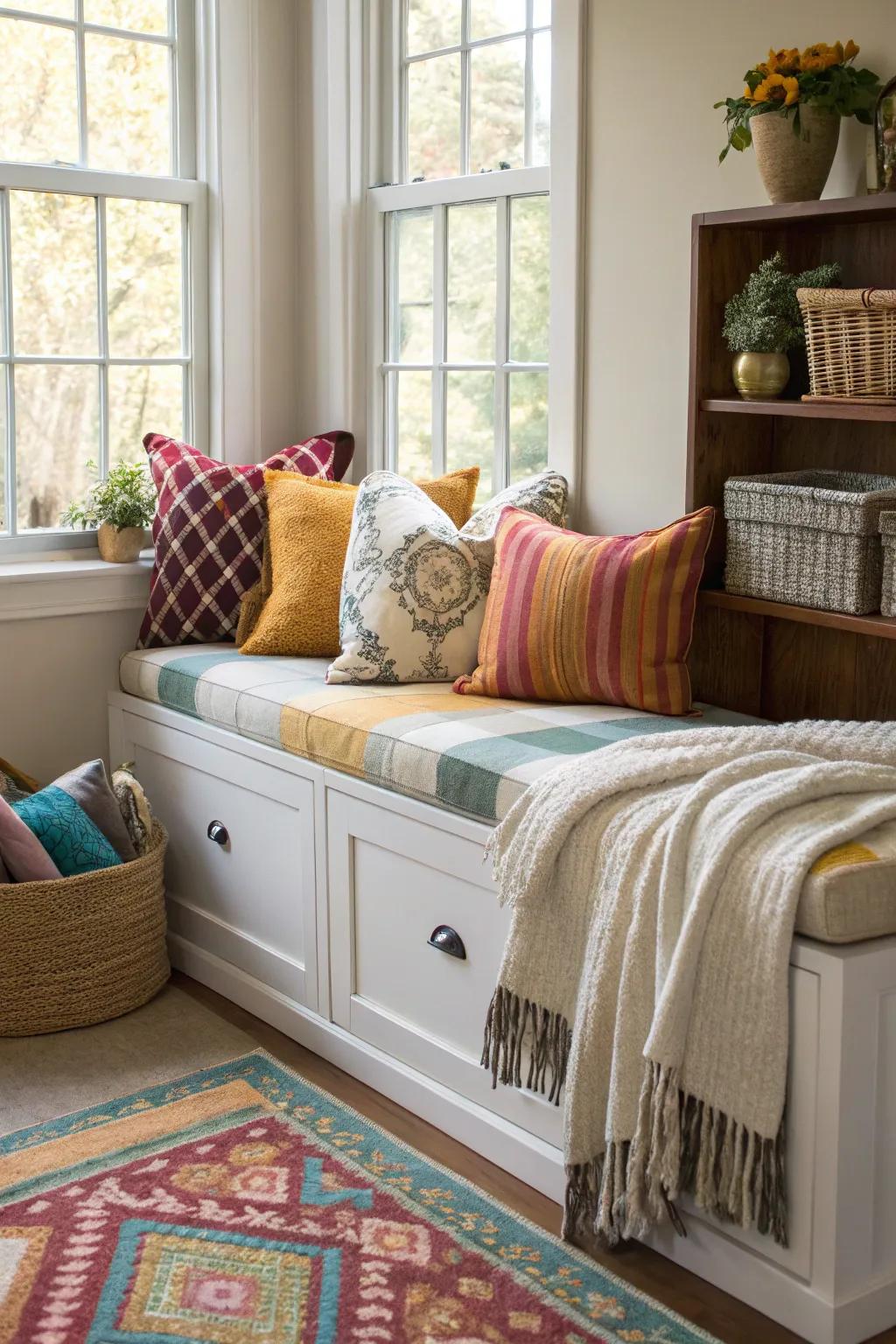 Living room with a storage bench.