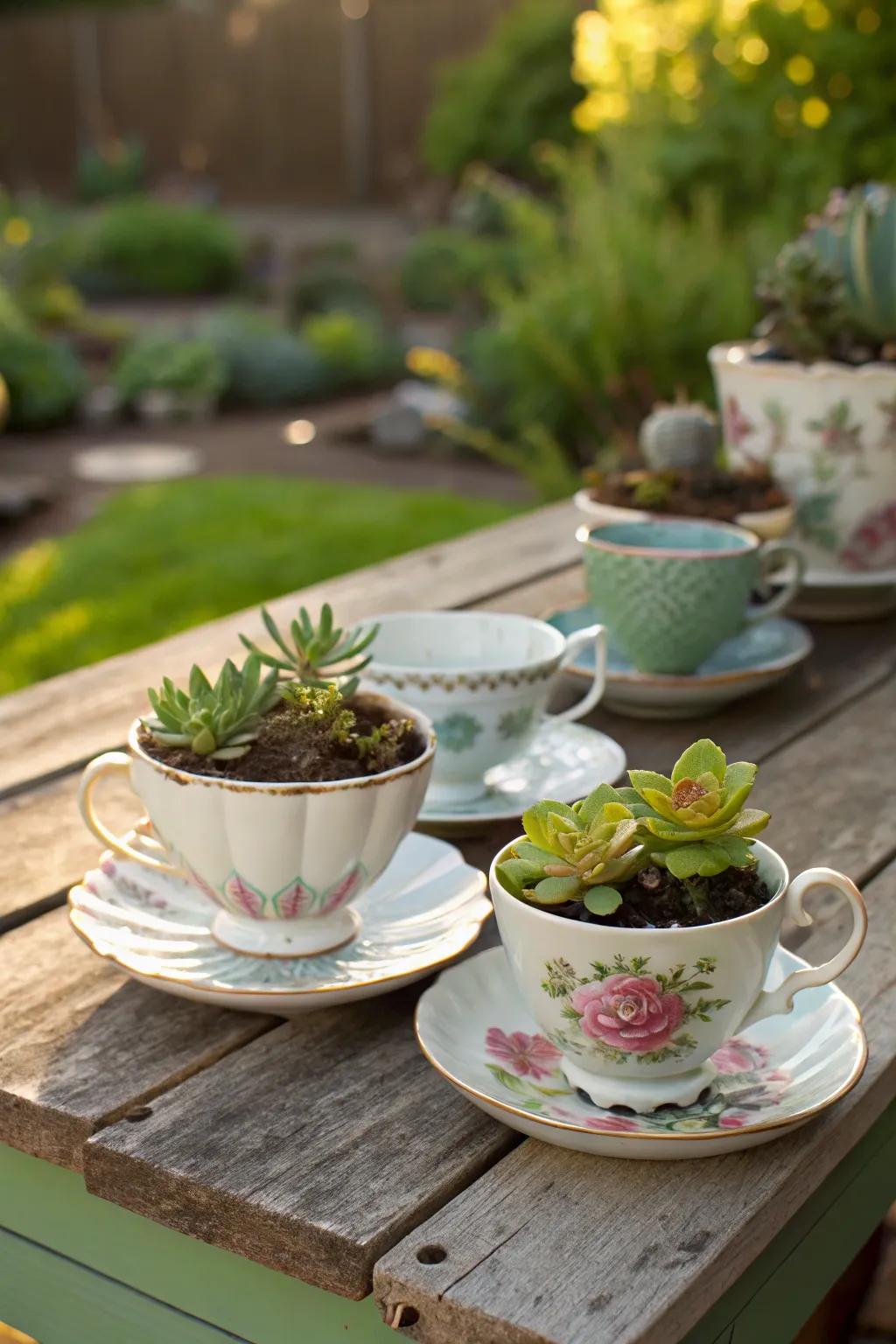 Vintage teacups as mini planters