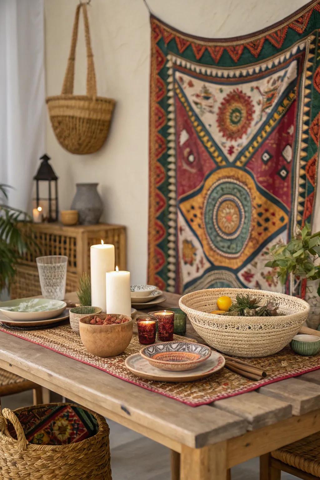 Tapestries add vibrant texture and cultural flair.
