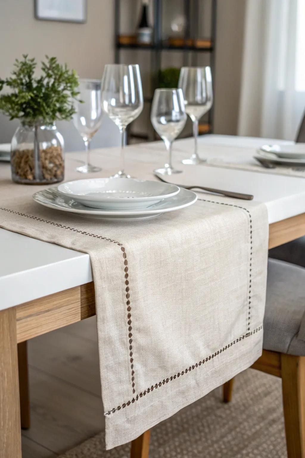 Neutral table runner for a modern and minimalist dining space.