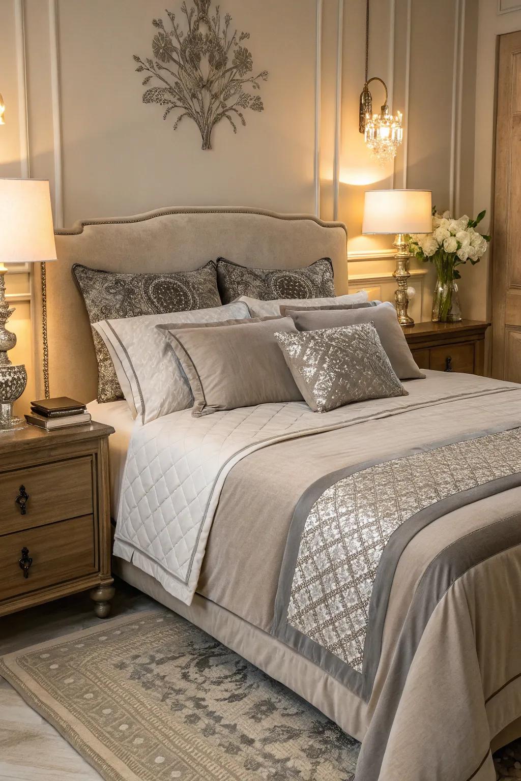 Taupe bedding with grey accents creating harmony.