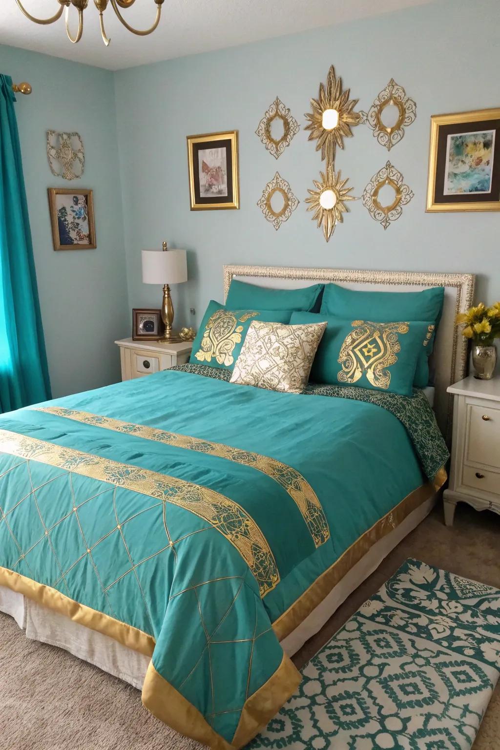 A teal and gold bedding set instantly refreshes the look of this bedroom.
