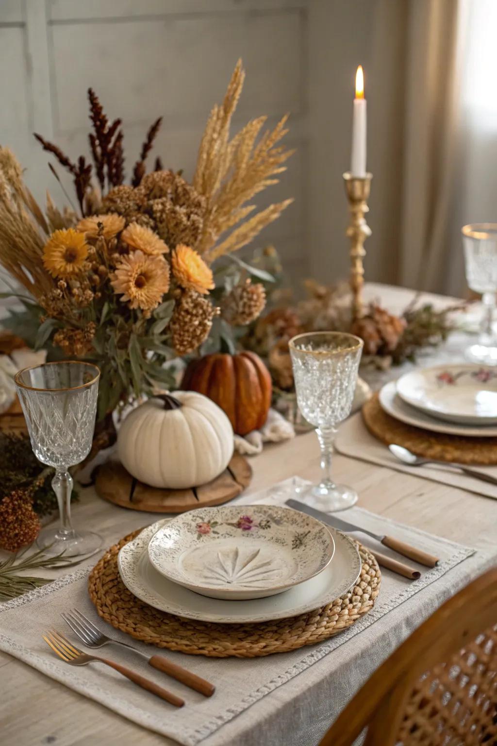 Dried flowers lend a vintage charm to the table setting.