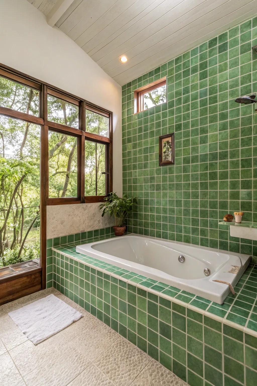 Green tiles bring a natural and refreshing touch to your bathtub area.