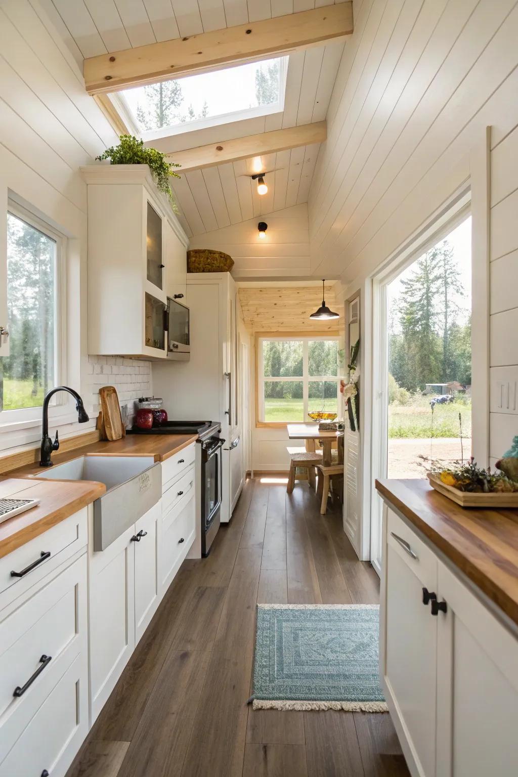 Skipping upper cabinets creates an open feel in this tiny kitchen.