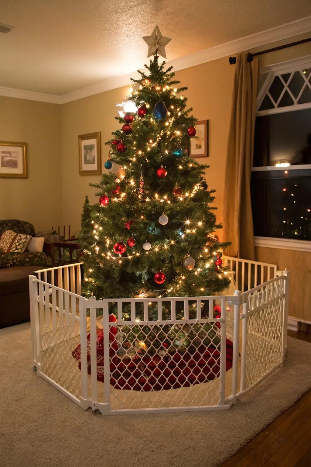 A fence provides a safe boundary for toddlers around the tree.