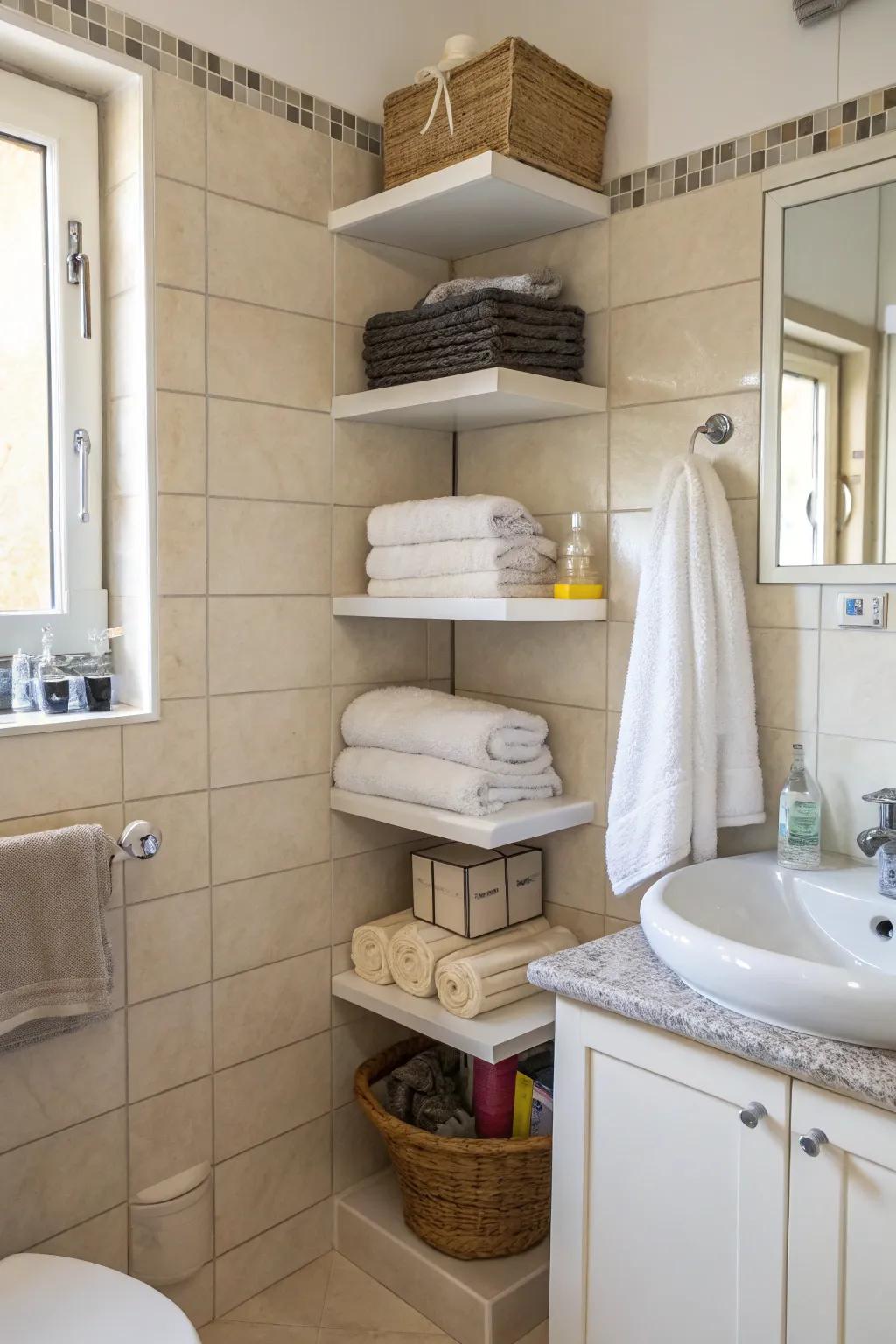 Maximize unused nooks for additional towel storage.