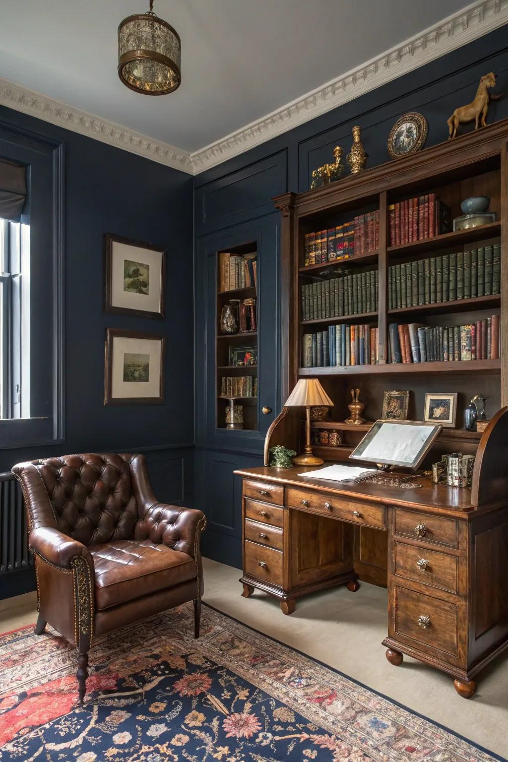 A townhouse study with classic navy walls for timeless elegance.