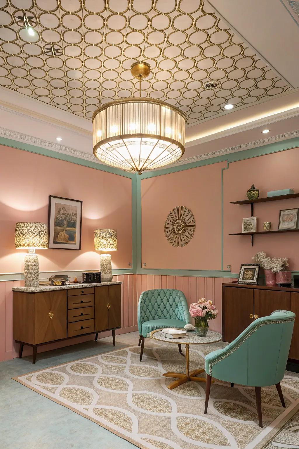 A retro-inspired room showcasing mid-century modern lighting in the tray ceiling.