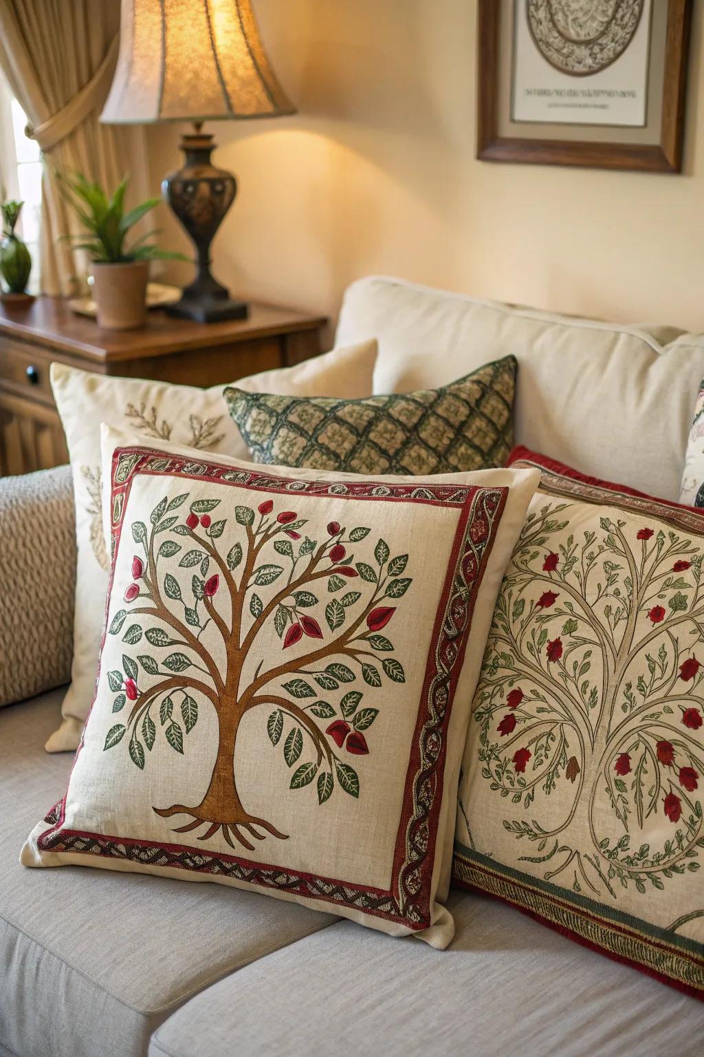 Tree of Life pillow covers bring comfort and style to a cozy sofa.