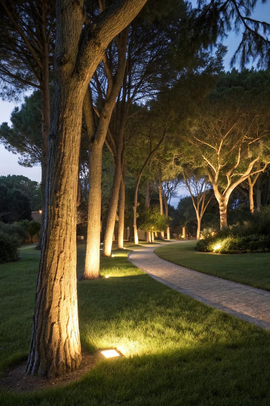 Ground lights add elegance by highlighting tree bases.