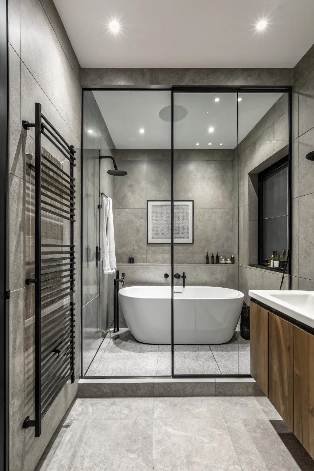 A monochrome palette brings sophistication and unity to the tub-in-shower design.