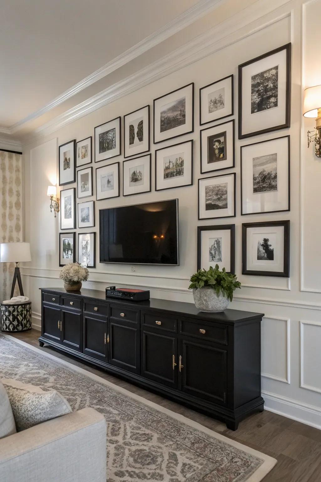 Monochrome elegance on a timeless TV gallery wall.