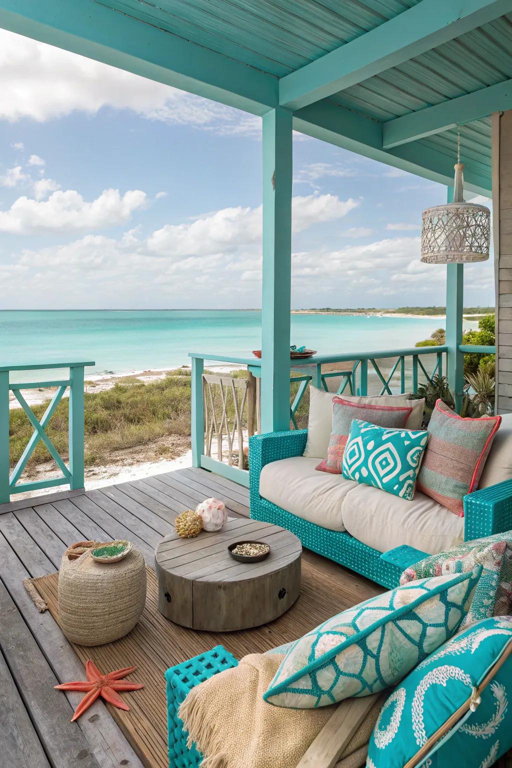 Turquoise and sand bring the beach to your backyard for a breezy deck feel.