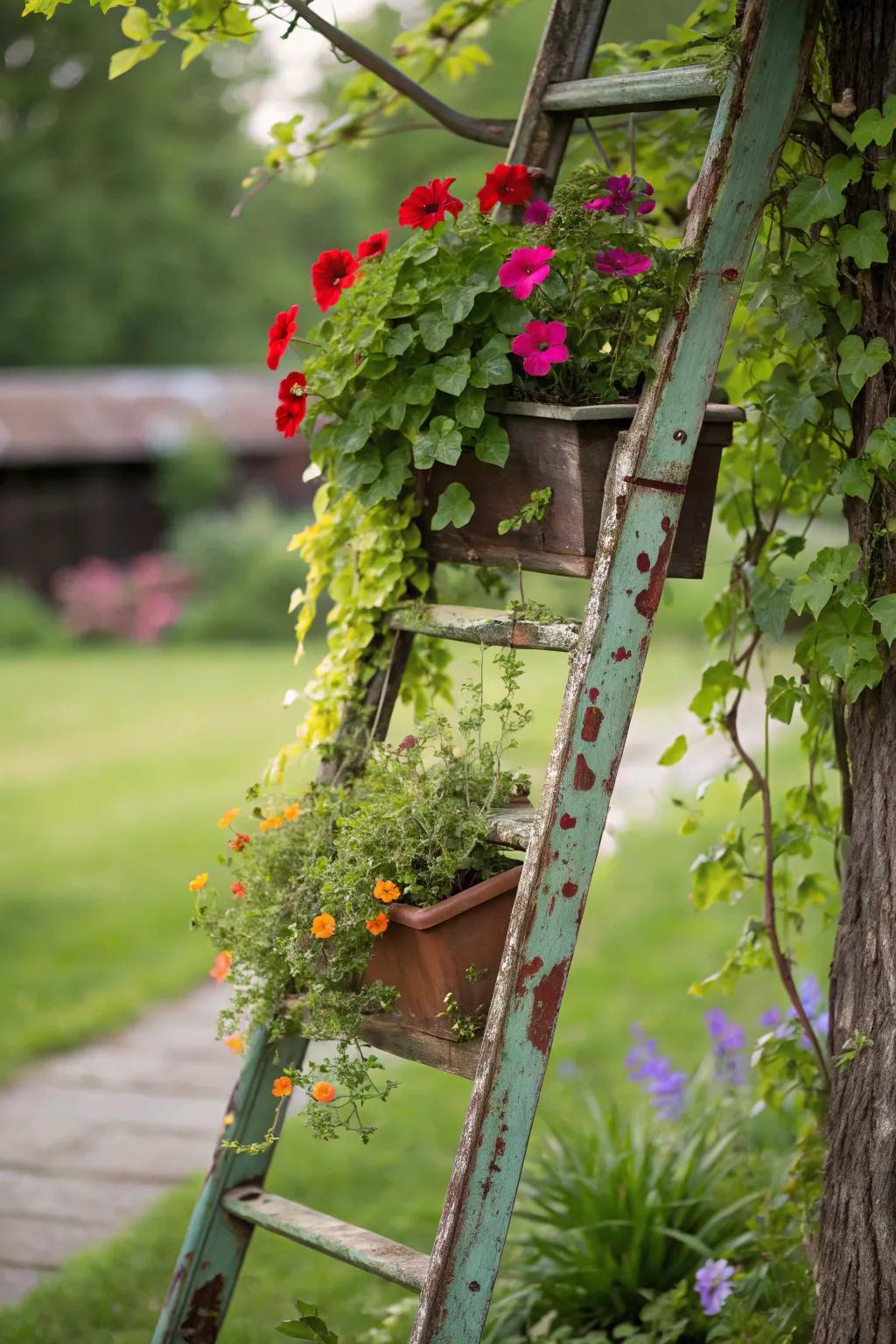 An old ladder used as a charming tiered planter.