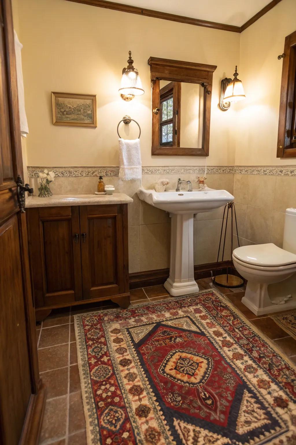 Vintage rugs add comfort and style to bathroom spaces.