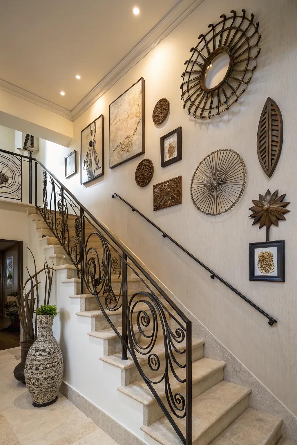 Metal accents can add an industrial touch to your staircase wall.