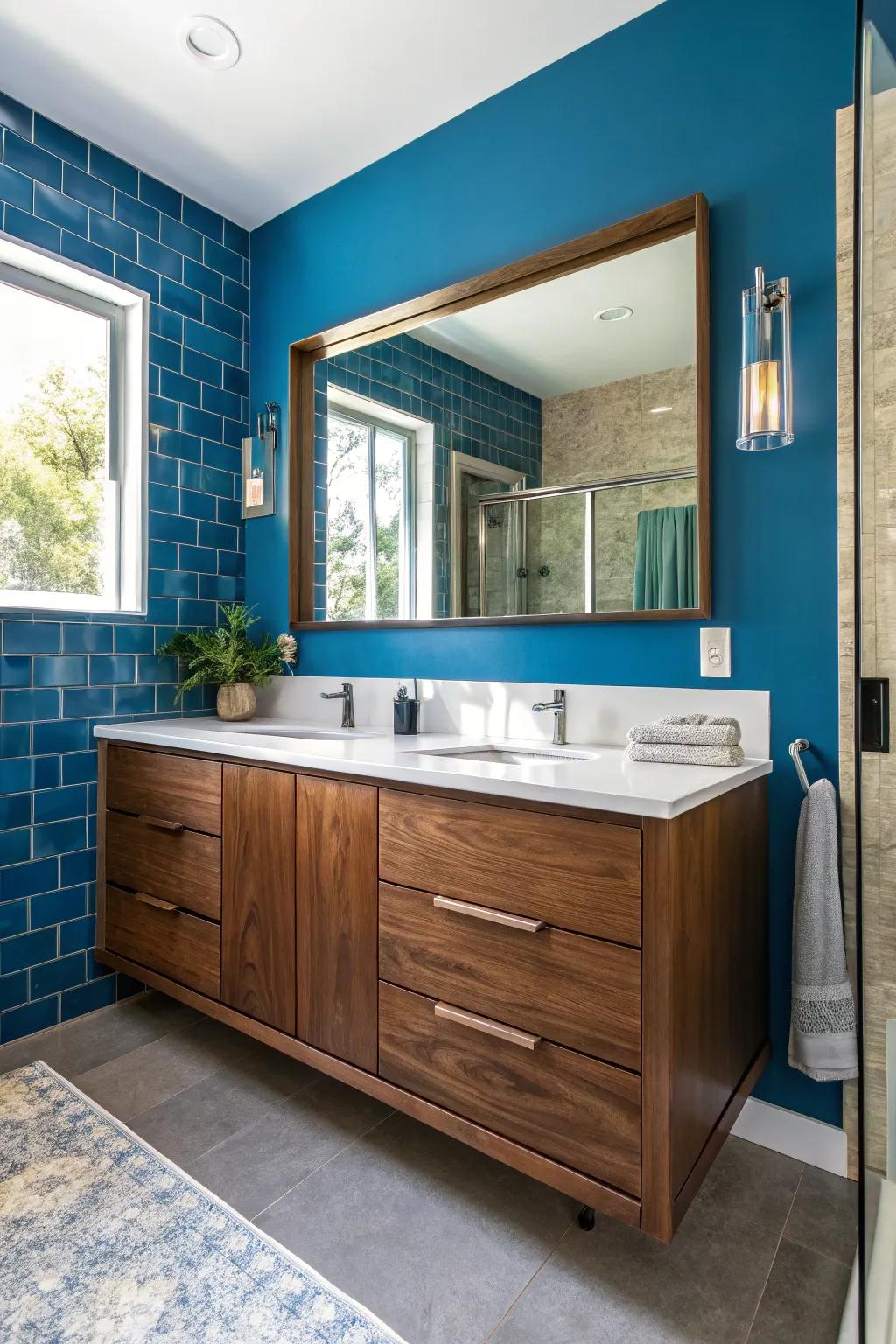 Create drama and style with bold wall colors against a walnut vanity.