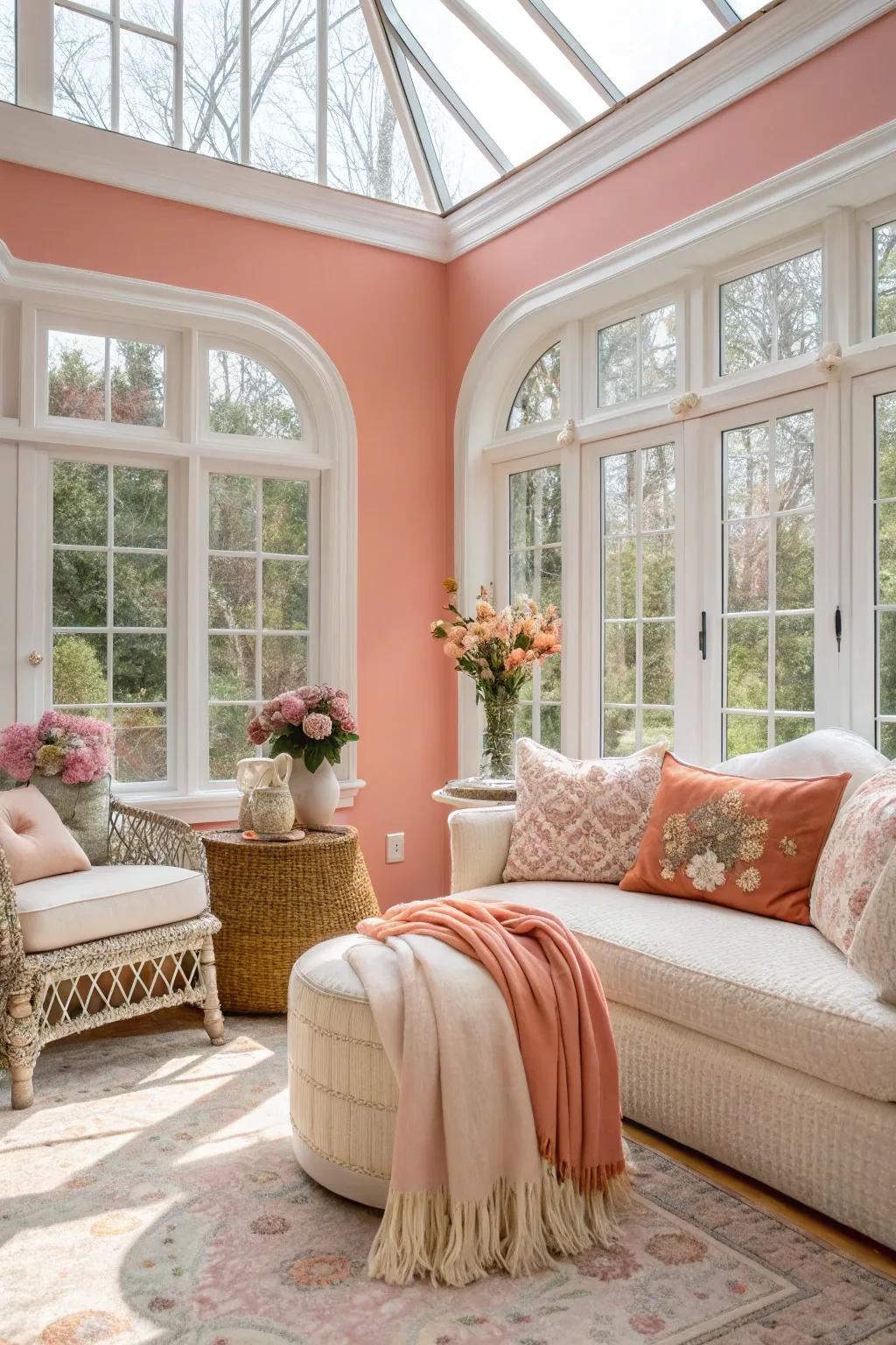 Sunroom with pale coral walls, offering a soft and radiant atmosphere.