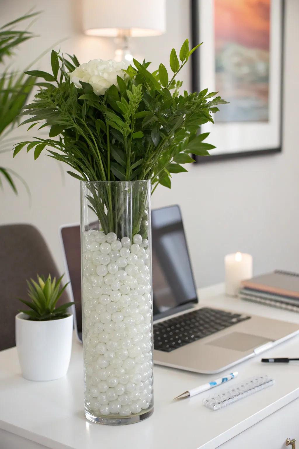 Timeless elegance with white water beads and greenery.