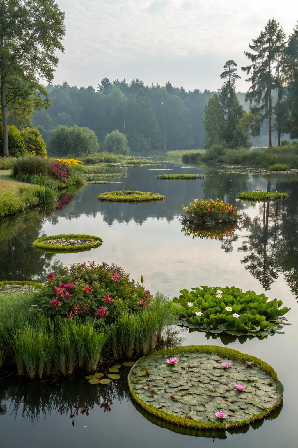 Floating plant islands add a unique and whimsical touch to garden ponds.