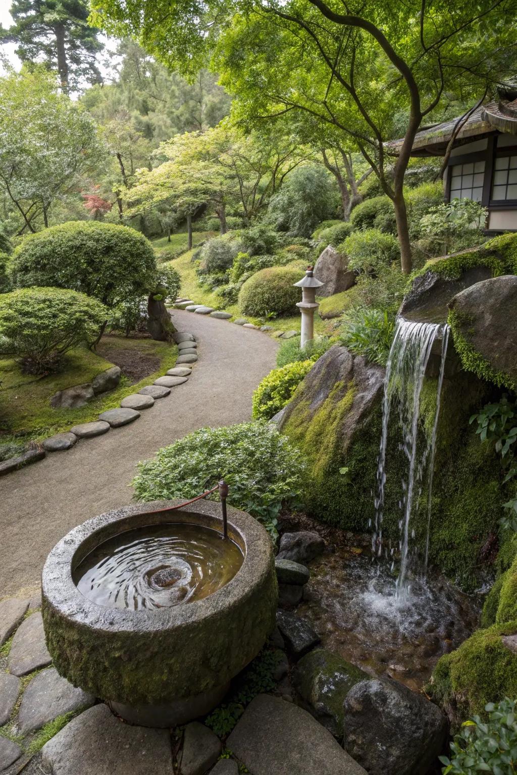 An elegant Japanese-inspired garden with a stone basin waterfall.