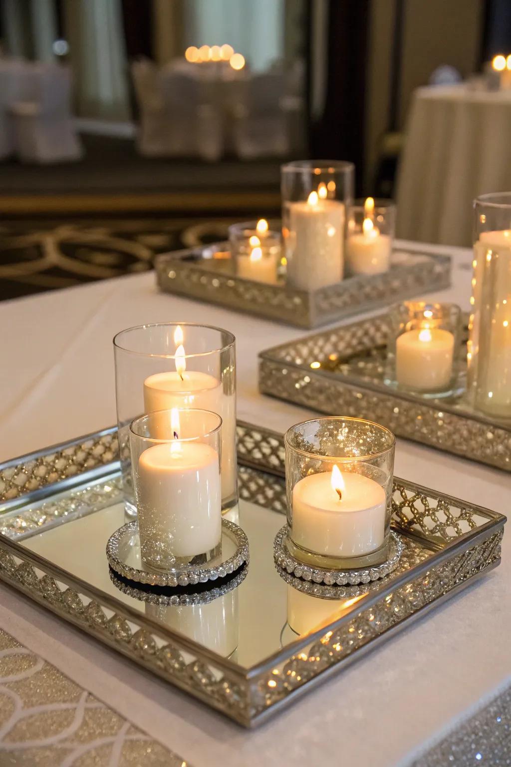 Mirrored trays enhancing the candlelight for a magical touch.