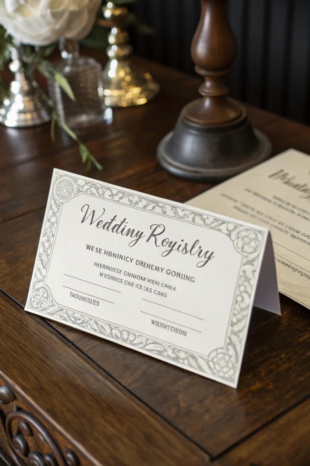 A sophisticated monochrome registry card design.