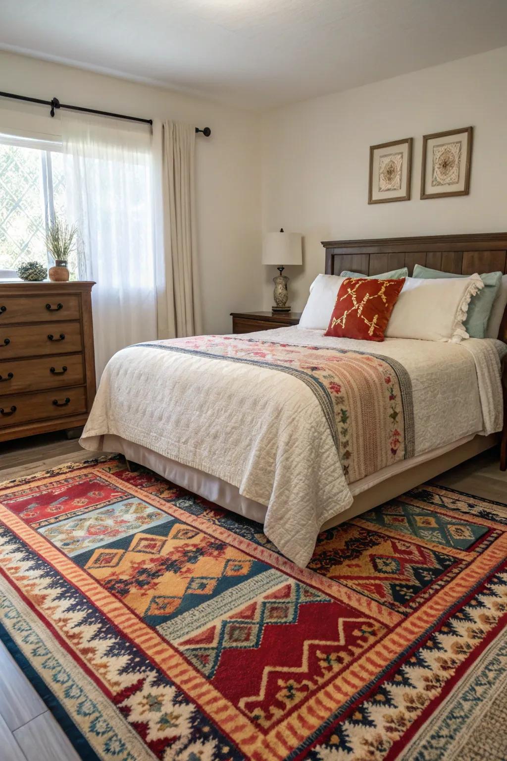 Bold borders on the rug define the space, adding structure and focus to the bedroom.