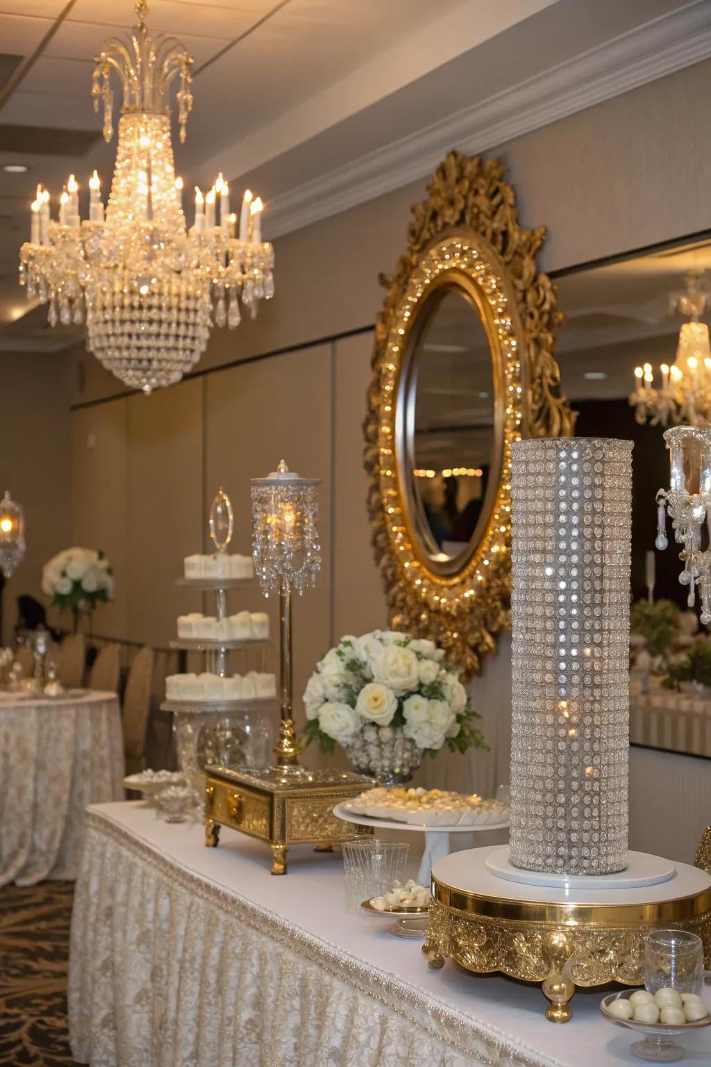 Glamorous reception decor with crystal and mirror details.