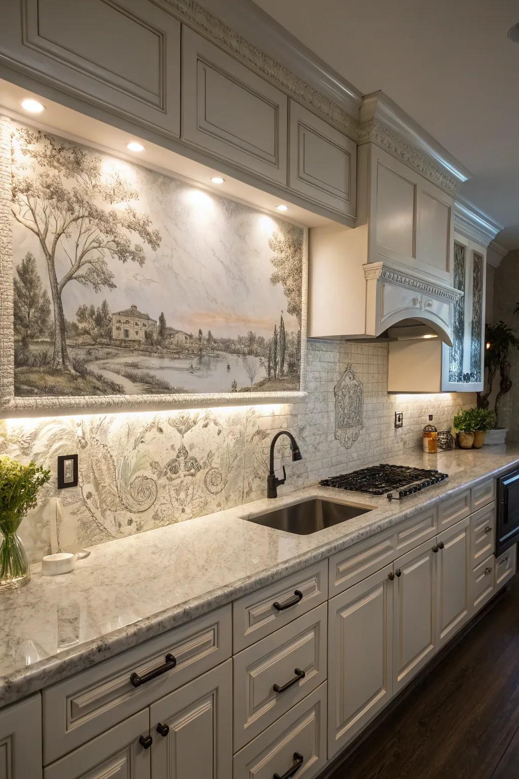 A custom mural adds an artistic flair to a white ice granite kitchen.