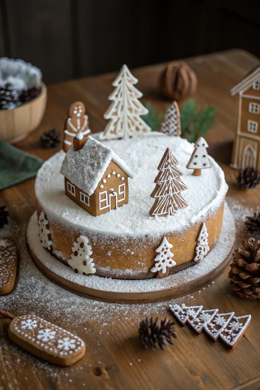 Gingerbread houses create a charming wonderland on this cake.