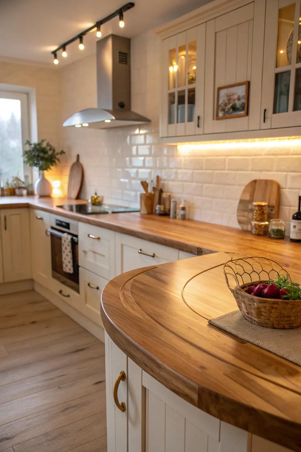 Curved edges adding elegance and flow to wood countertops.