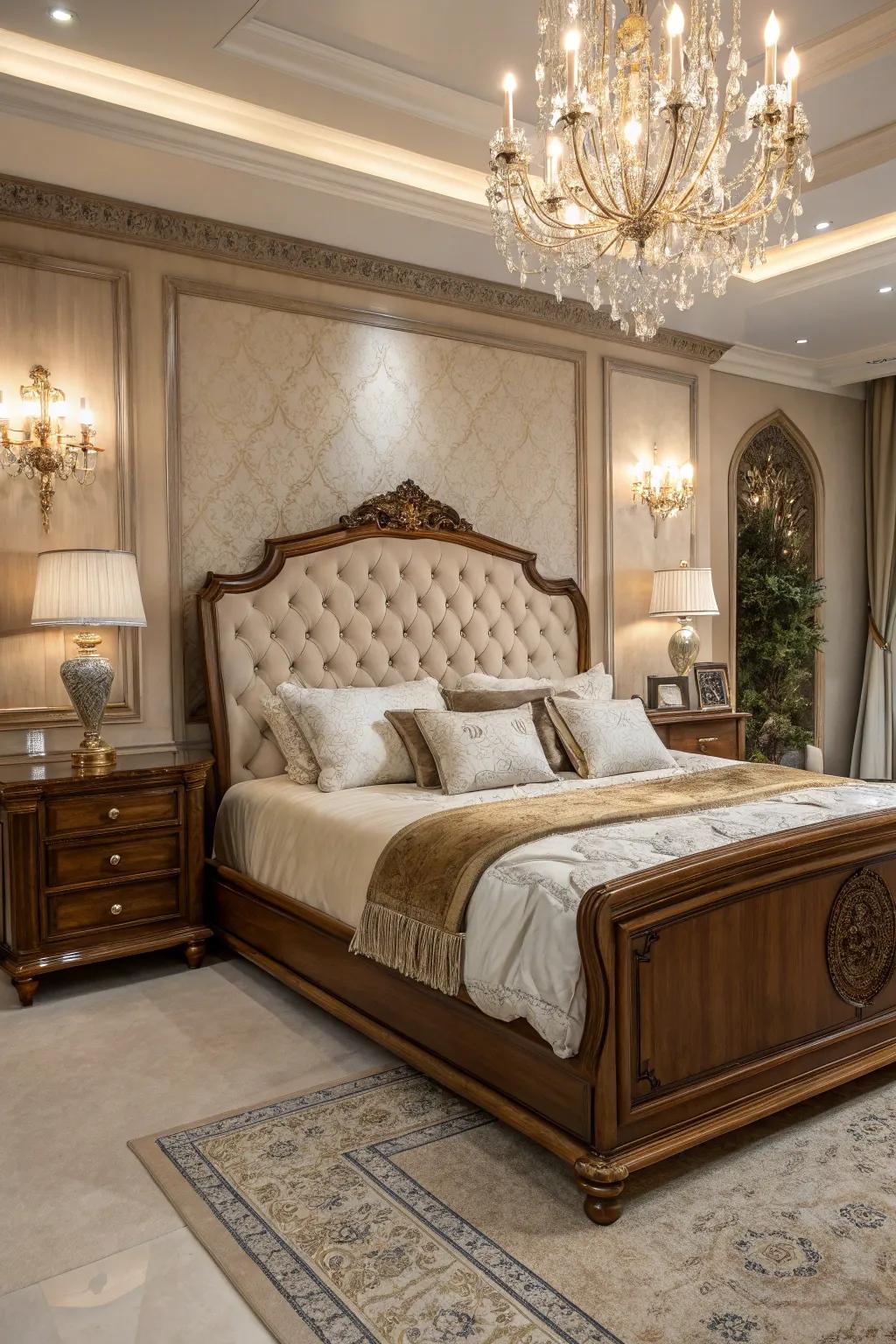 Upholstered elements add luxury to this wooden bed.