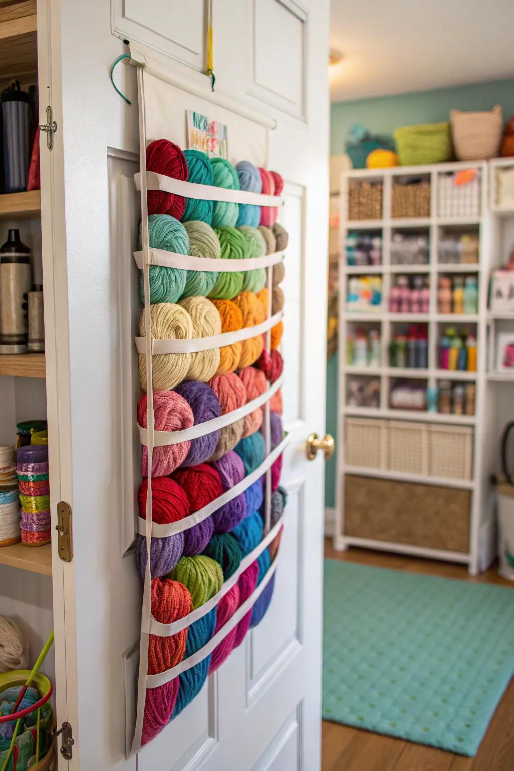 A hanging shoe organizer doubles as a space-saving yarn holder.