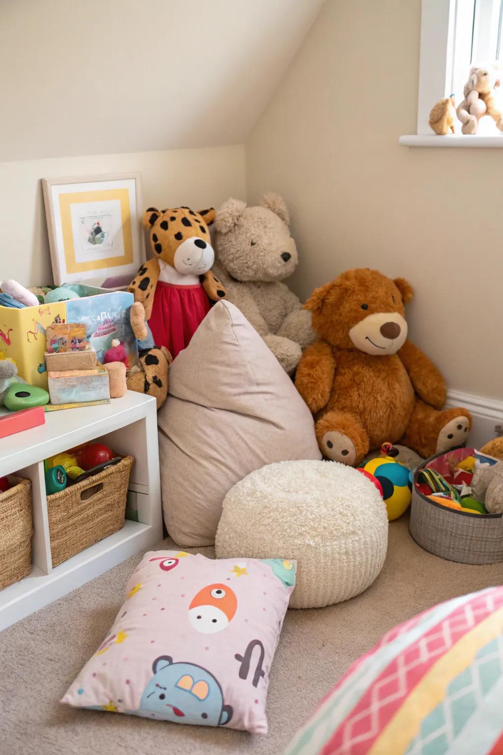 A corner for stuffed animals offers comfort and companionship.