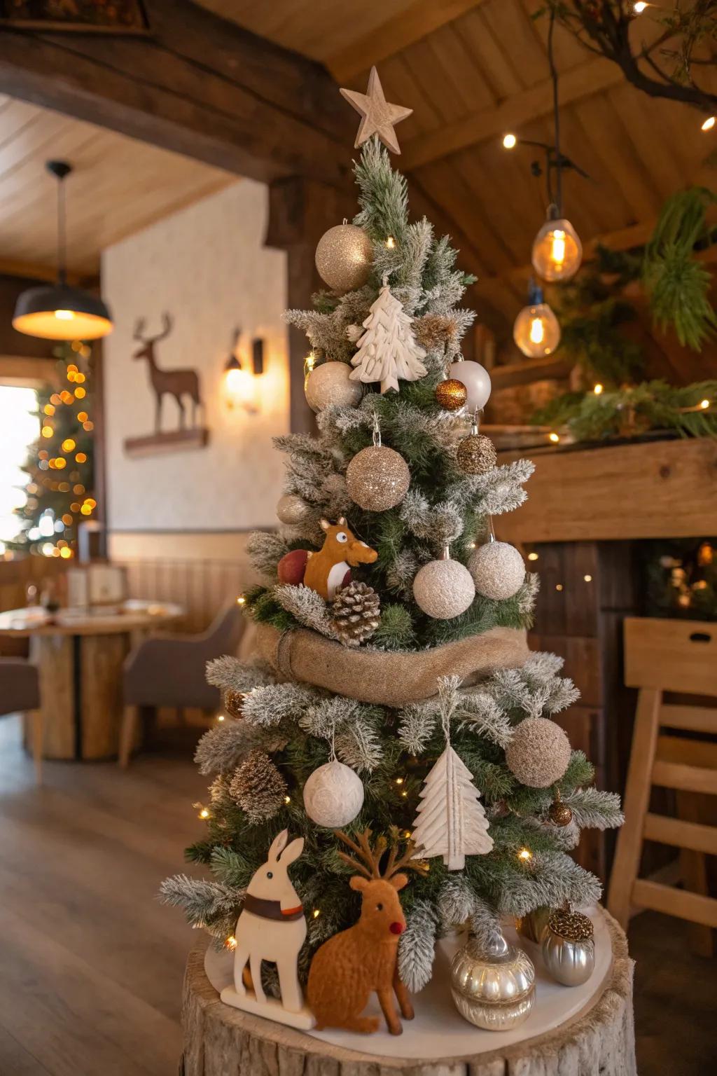 A whimsical woodland-themed Christmas tree with enchanting forest elements.